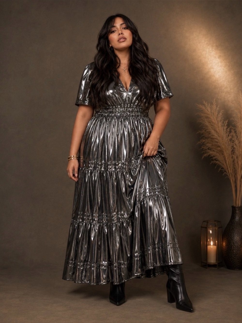 Anthropologie Somerset Maxi Dress Metallic Dark Silver Plus Size 3X Glam Party